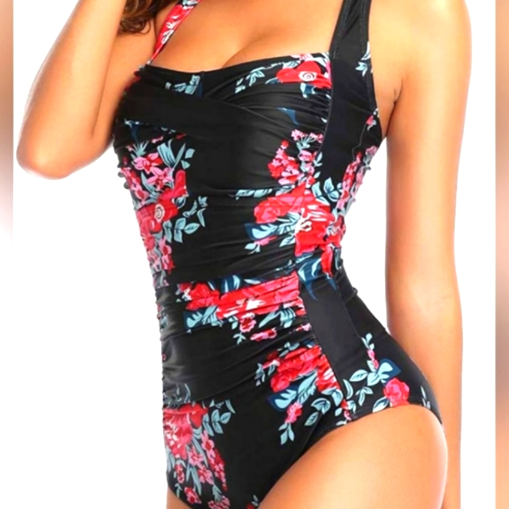 SMALL Smismivo Rushed Halter Floral Black One Piece Swimsuit with Tummy Control
